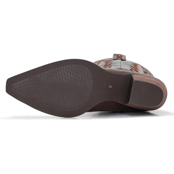 🆕Women Chestnut Brown Faux Leather Wood Embroidered Chunky Heel Cowgirl Boots - Picture 7 of 8